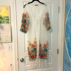 Yucatan Kimono | Embroidered Flowers on Mesh Tule